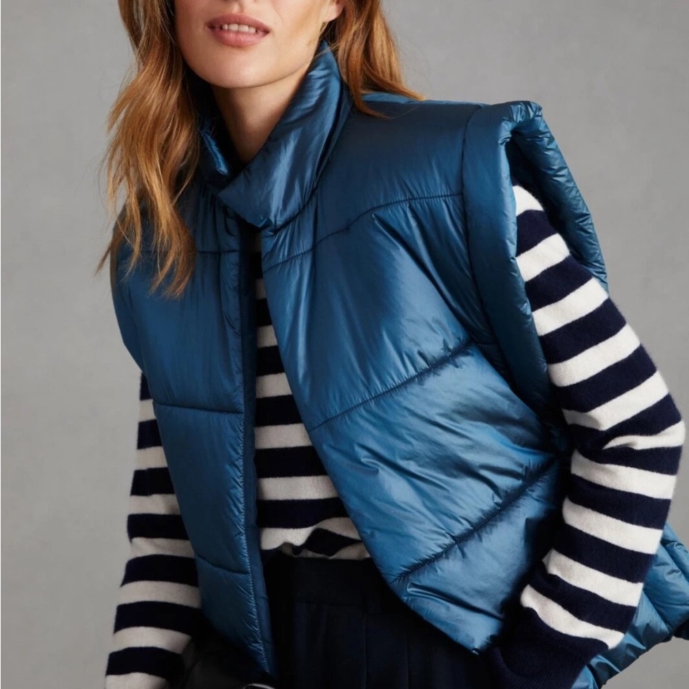 Anthropologie Pilcro Packable Puffer Vest Side Tie Metallic Blue One Size NEW